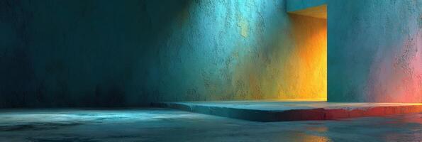 Colorful light reflections in a minimalistic indoor space at twilight photo