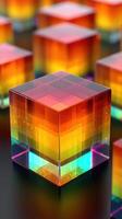 Colorful translucent cubes arranged on a surface with gradient patterns glowing in various shades during a bright setting photo