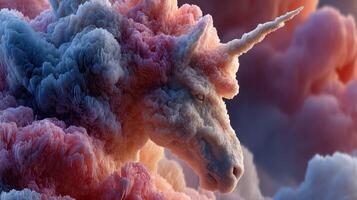 Stunning depiction of a unicorn emerging from colorful clouds at sunset in a dreamy landscape photo