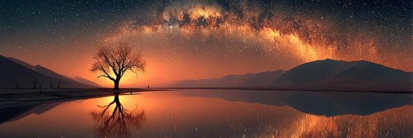 Stunning view of the Milky Way over a calm lake at sunset with a solitary tree and distant mountains in the background photo