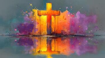 Colorful cross reflection on water showcasing vibrant hues at sunset photo