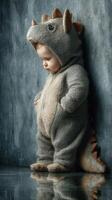Child in dinosaur costume stands against dark textured wall with hands tucked into pockets during indoor playtime photo