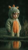 Cute child in dinosaur-themed outfit standing by reflective water during golden hour in a natural setting photo