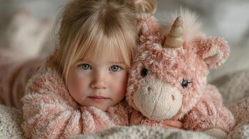 Young girl cuddling a plush unicorn toy while lying on a cozy blanket during winter photo