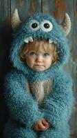 Cute toddler in a blue monster costume sitting against a wooden backdrop during winter photo