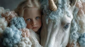 Young girl holds unicorn closely while surrounded by colorful fluffy decorations indoors photo