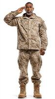 Military personnel saluting in desert camouflage uniform at a neutral background during a formal occasion photo