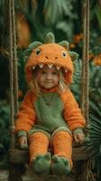 Child in a cozy dinosaur costume swinging in a lush garden during afternoon light photo