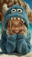 Child in monster hoodie enjoys sunny beach day with warm smile and playful expression against tropical backdrop photo