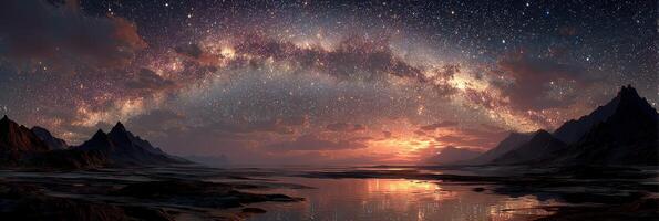 Night sky over calm waters reveals a stunning galaxy view at twilight with mountains in the foreground photo