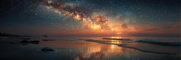 Stars illuminate a tranquil beach at dusk with reflections on calm waters photo