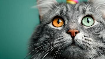 Unique grey cat with striking heterochromia eyes celebrates special occasion with colorful party hat indoors photo