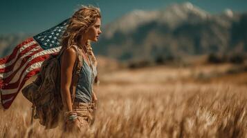 Woman walking through golden wheat field with American flag in the mountains at sunset photo