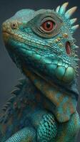 Vibrant turquoise lizard close-up captured in a studio setting showcasing intricate textures and details photo
