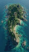 Serene tropical island nestled in crystal clear waters teeming with lush vegetation and rocky shores photo