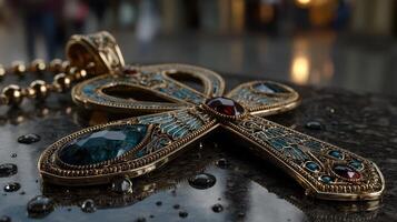 Elegant gold ankh with blue stones rests on a reflective surface in a serene environment photo