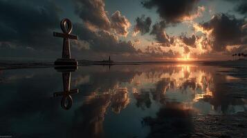 Sunset reflecting off calm waters with an ankh symbol in a serene coastal setting photo