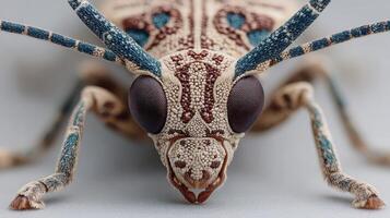 Close-up of a colorful insect showcasing intricate details and texture in a studio setting photo