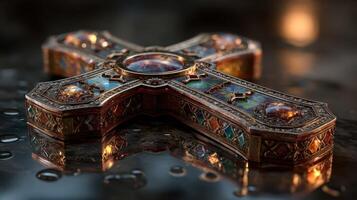 Detailed ornate cross resting on a reflective surface with water droplets capturing the light during a serene moment photo