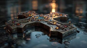 Intricately designed cross resting on a reflective surface during dusk with warm light illuminating from nearby structures photo