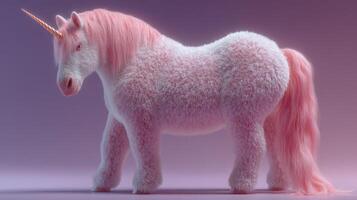Fluffy pink unicorn standing proudly against a softly gradient backdrop in a whimsical artistic style photo