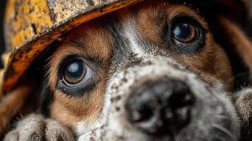 Rescue dog wearing construction helmet covered in dirt shows strong emotion during a challenging moment photo
