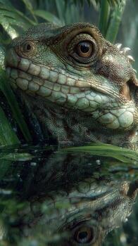 Close-up of a lizard emerging from water surrounded by lush greenery during daytime photo