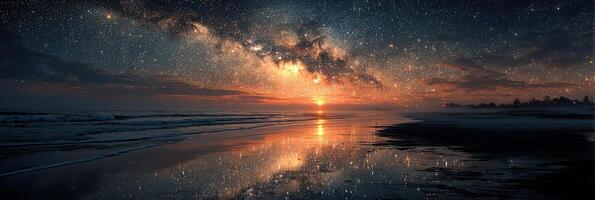 Stunning sunset reflecting off ocean waves under a starry sky near a tranquil beach photo