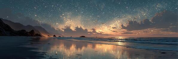 Vast ocean view under a starry sky with shimmering reflections at twilight near the coastline photo
