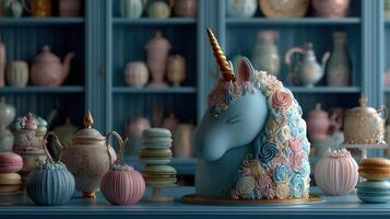 Beautiful unicorn cake displayed among pastel desserts in a charming bakery setting photo