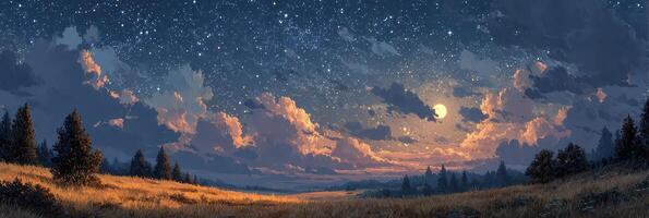 Stars twinkle in a night sky over a tranquil landscape during the late evening hours photo