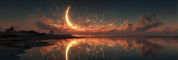 Serene twilight over tranquil waters with a crescent moon and colorful clouds reflected at dusk photo