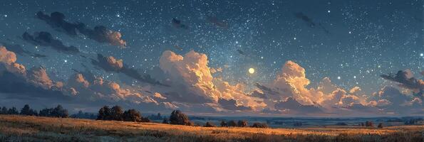 Starlit sky over grassy fields at dusk with vibrant clouds and a glowing moon photo