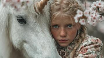 Young girl embraces a white unicorn amidst blooming cherry blossoms in a serene forest setting photo