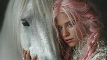 Young woman with pink hair embraces a white horse in an intimate moment beside a dark backdrop photo