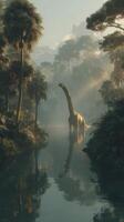 Majestic dinosaur wades through a tranquil prehistoric river surrounded by lush vegetation at dawn photo