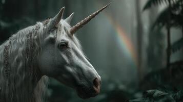 Magical unicorn in a misty forest with a rainbow in the background during early morning light photo