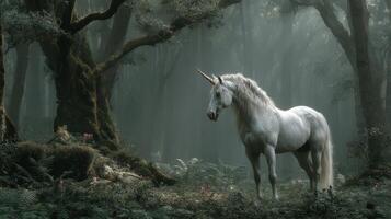 Elegant unicorn standing in an enchanted forest, surrounded by mist and ancient trees during the early morning light photo