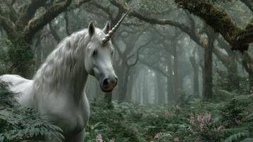 Enchanted white unicorn standing gracefully in a misty woodland filled with lush ferns and trees during early morning light photo