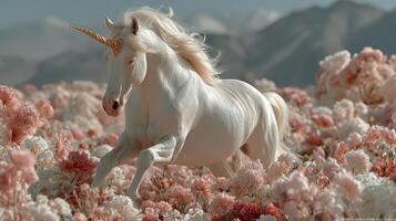 White unicorn running joyfully through a field of pink flowers in a surreal landscape during daylight photo