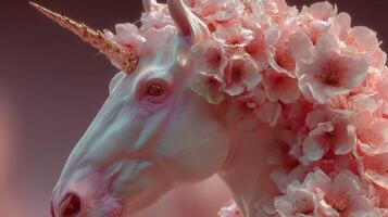 Elegant unicorn with floral mane in soft pastel tones surrounded by a dreamy atmosphere photo
