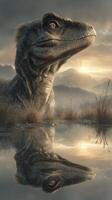 Raptor silhouette near a calm lake at sunset with mountain backdrop photo