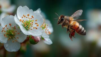 Bee hovering near blossoming flowers in a sunny spring garden during morning hours photo