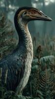 Bird-like creature standing in misty forest surrounded by ferns during early morning hours photo