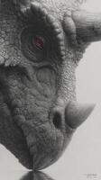 Detailed depiction of a dinosaur skull with intricate textures and a striking red eye on a white background photo