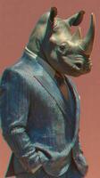 Rhinoceros wearing a formal suit stands confidently against a colorful backdrop photo