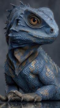Blue lizard creature with intricate scales and expressive eyes posing against a muted background photo