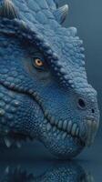 Large blue dragon with textured scales and piercing eye gazes intensely at viewer in a fantasy setting photo