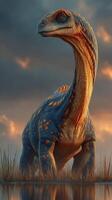 Majestic dinosaur with vibrant colors standing by a tranquil lake during a sunset in a prehistoric landscape photo
