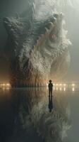 Encounter with a colossal dragon in a surreal, misty setting at twilight photo